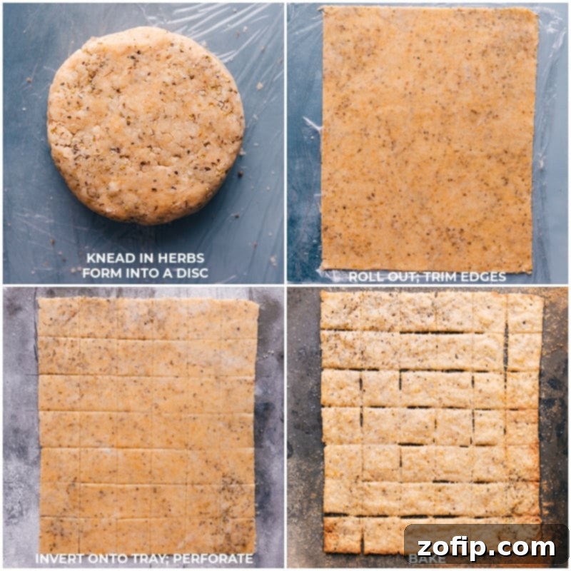 Process images displaying the cracker dough being carefully rolled out, precisely cut into squares, and then baking in the oven until perfectly golden and crisp
