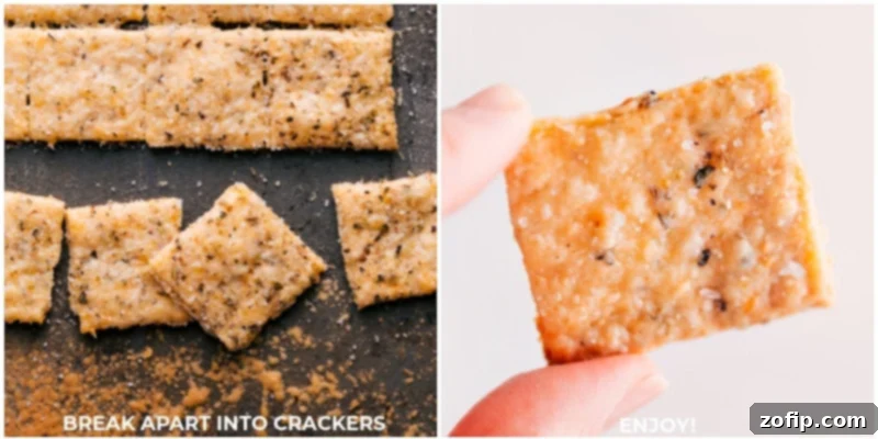 Overhead image of freshly baked Homemade Parmesan and Italian Herb Crackers, golden and perfectly crisp, ready for serving