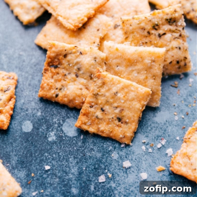 Image of a beautiful stack of Homemade Parmesan and Italian Herb Crackers, perfectly golden and ready for snacking or entertaining guests