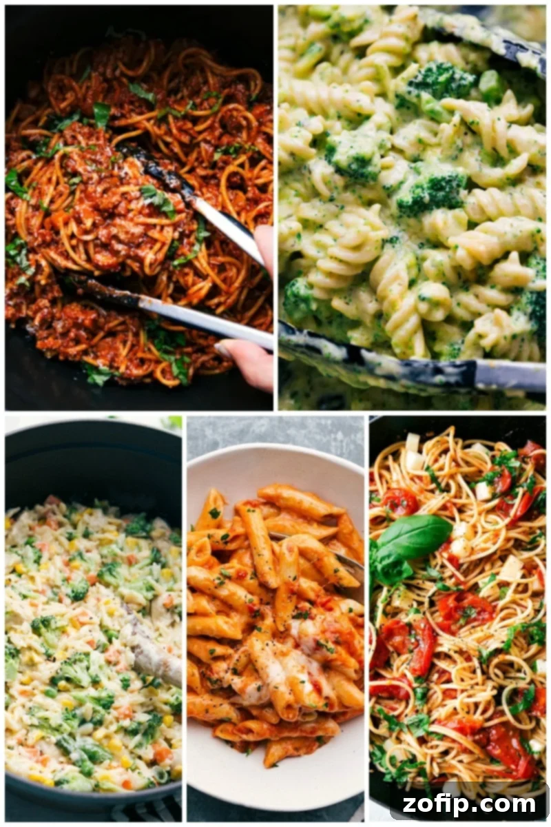 Collage of various easy pasta dishes like one-pot spaghetti, broccoli pasta, and creamy orzo