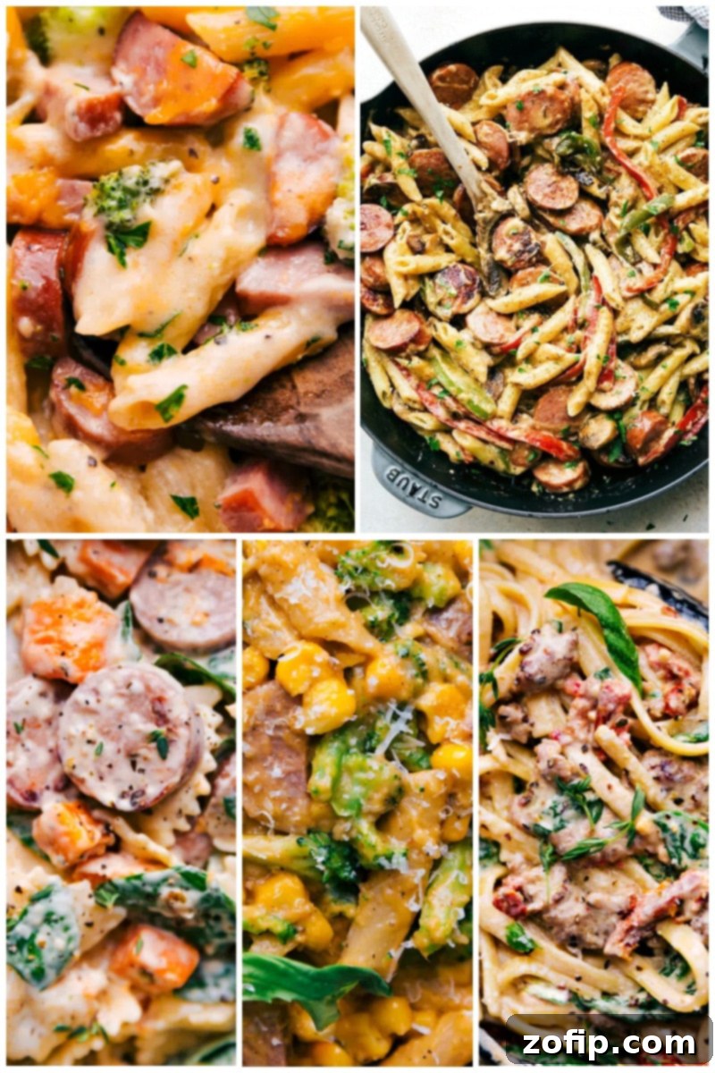 Collection of sausage pasta dishes, including cheesy sausage pasta, cajun sausage pasta, and sweet potato pasta