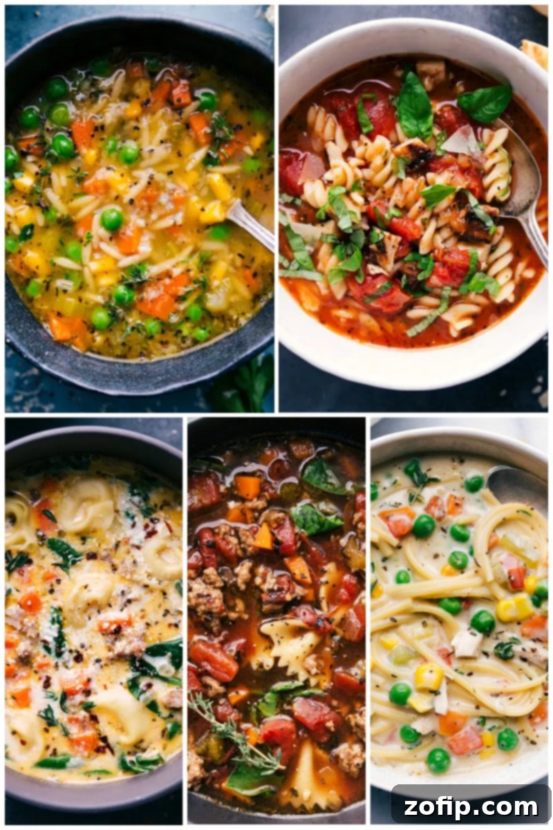 Collection of hearty pasta soups, including vegetable noodle, chicken parmesan, and tortellini soup