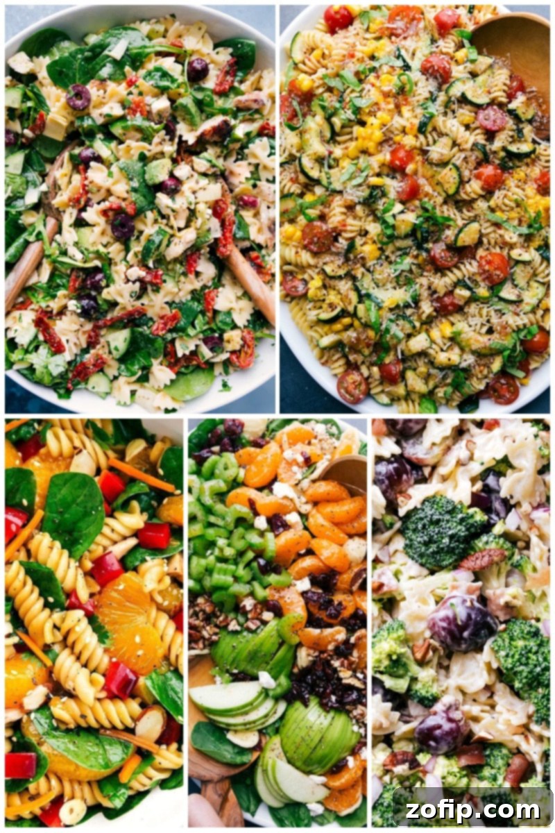 Collage of vibrant pasta salads including Mediterranean, corn zucchini avocado, and Asian varieties