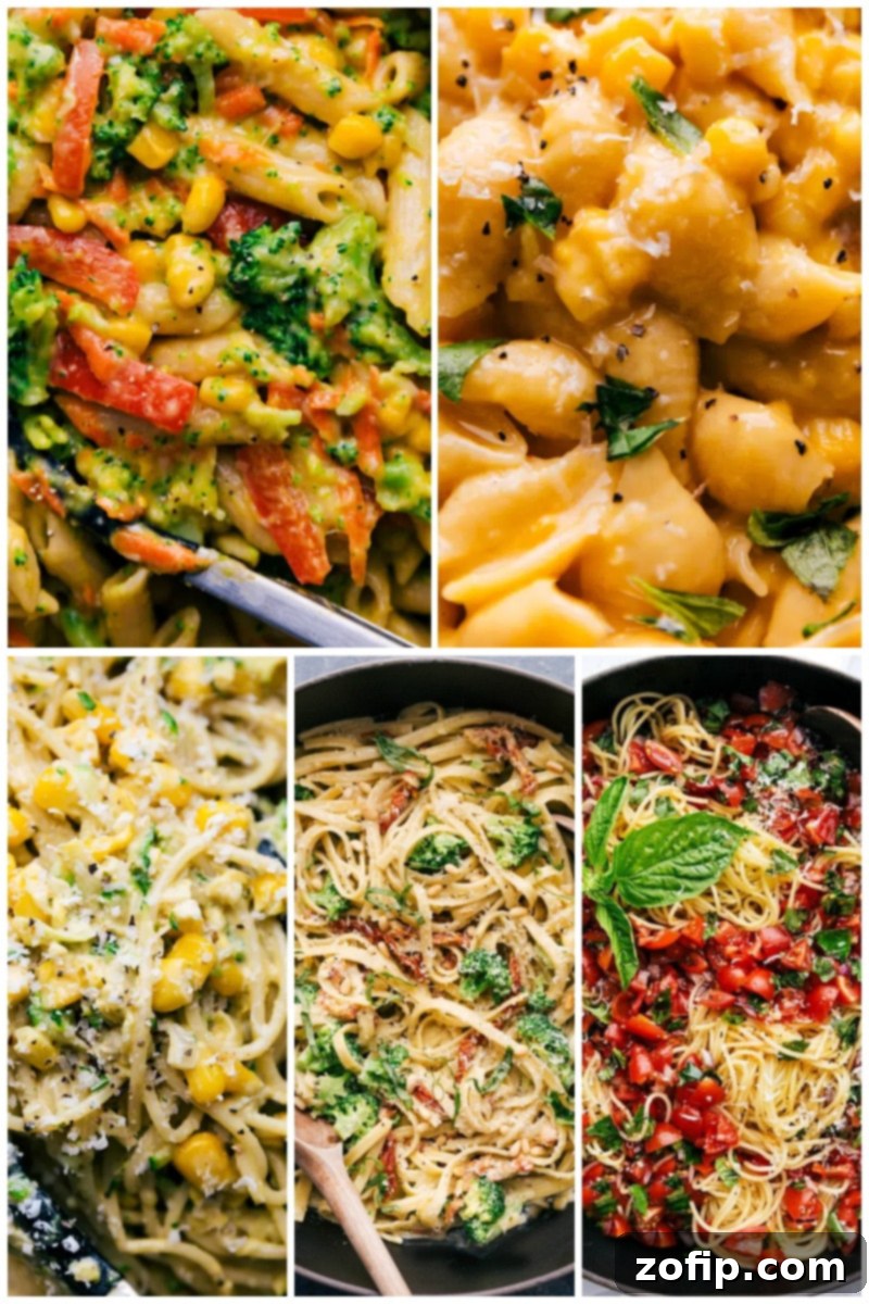 Collage of diverse vegetarian pasta recipes, including vegetable pasta, corn pasta, and pesto pasta