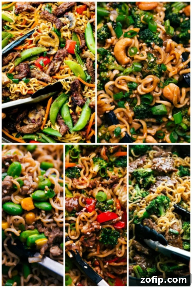 Assortment of ramen noodle dishes with beef, chicken, pork, and vegetables