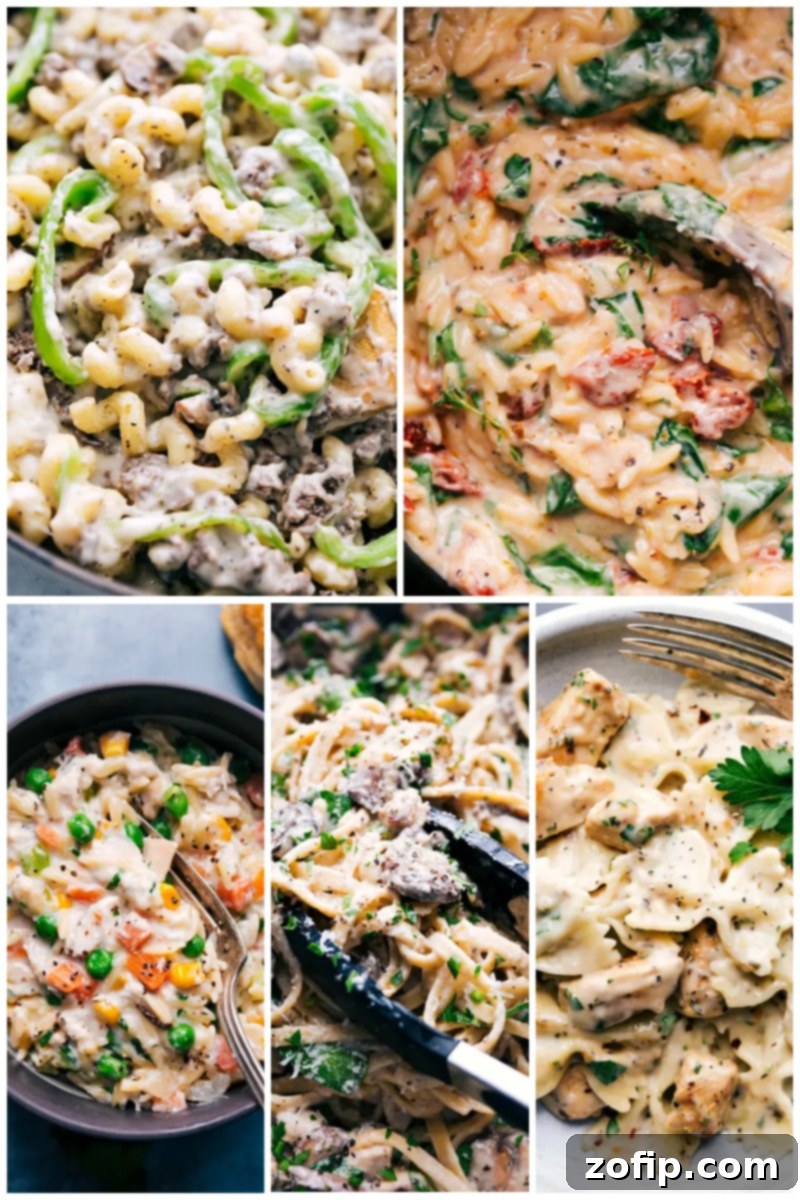 Compilation of creamy pasta dishes including Philly cheesesteak pasta, chicken orzo, and chicken pot pie pasta