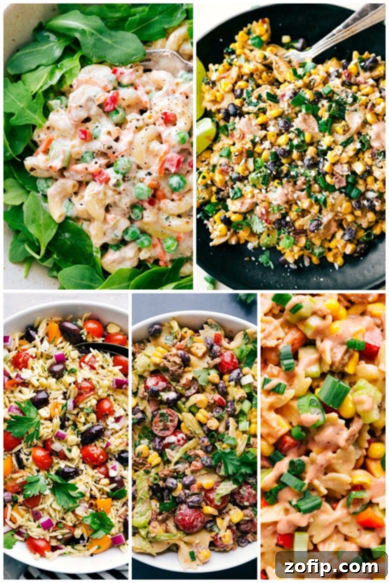 Collage of diverse pasta salads perfect for BBQs and gatherings, including tuna macaroni salad and Mexican street corn pasta salad
