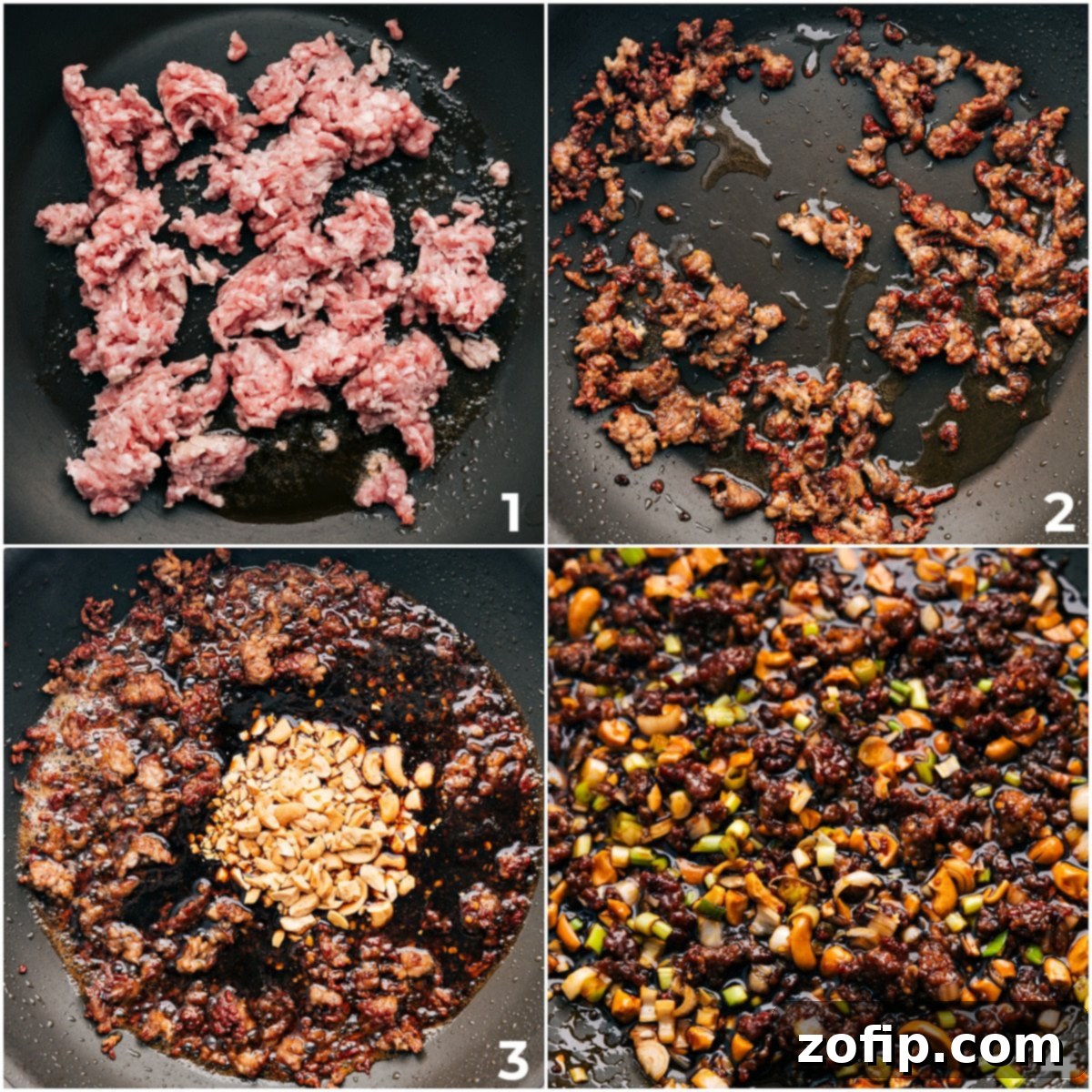 How To Make Dragon Noodles Ground pork browning in a large pan, with cashews and green onions being added, and the rich sauce simmering and being sautéed.