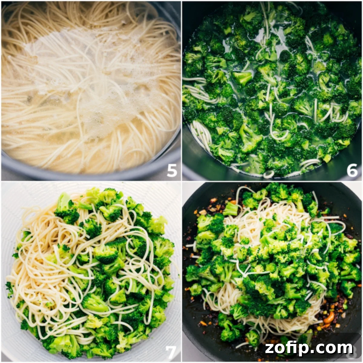Cooking The Noodles And Broccoli For Dragon Noodles Lo mein noodles being cooked in boiling water, with broccoli florets added in during the final minutes, before being drained and tossed with the savory sauce.