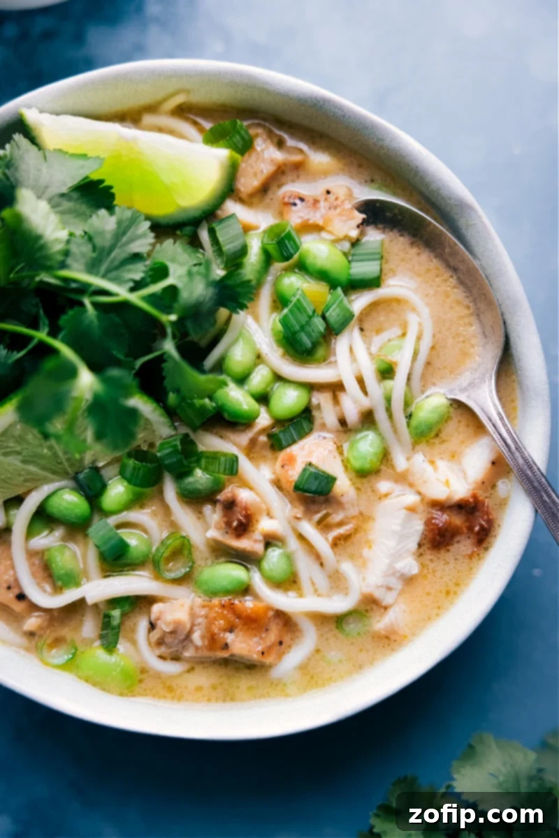 Overhead image of a steaming bowl of Green Curry Noodle Soup, garnished with fresh herbs.