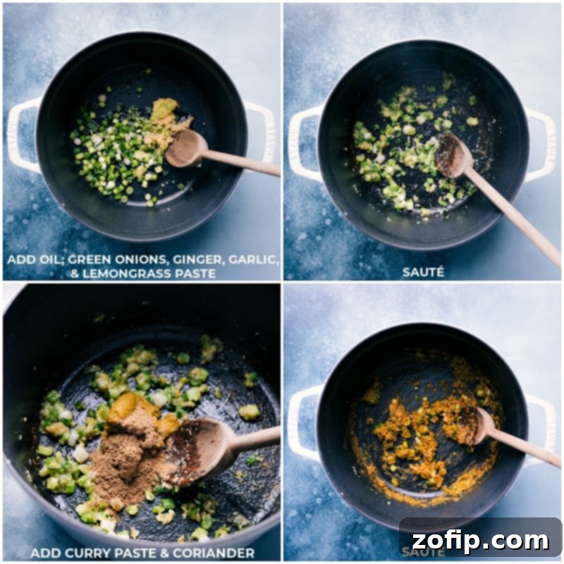 Process shots showing aromatic ingredients like green onions, ginger, garlic, lemongrass, curry paste, and coriander being sautéed in a pot, building the soup's flavor base.