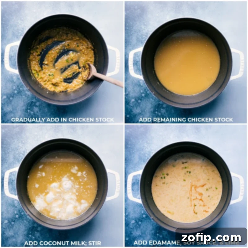 Process shots of the Green Curry Noodle Soup preparation, showing chicken stock, creamy coconut milk, vibrant edamame, and zesty lime being added to the simmering broth.