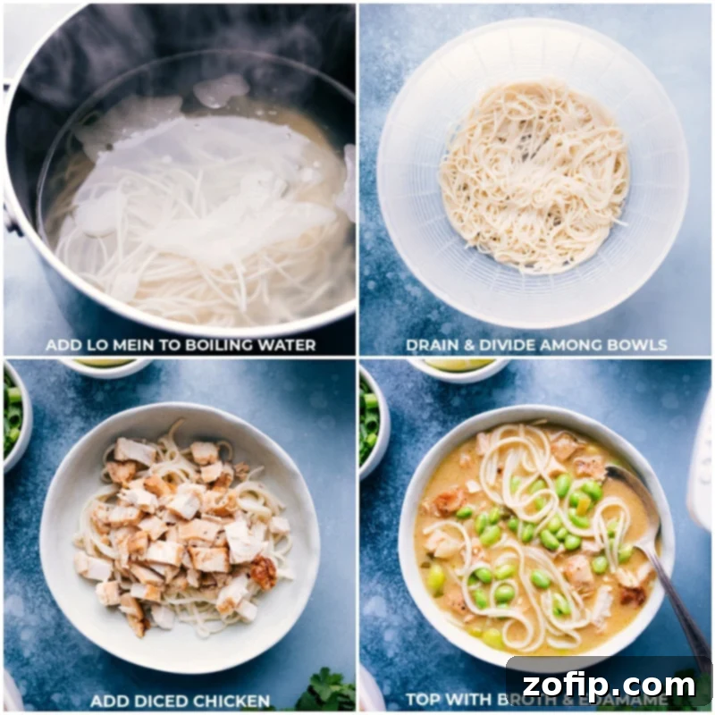 Process shots showing cooked lo mein noodles and diced chicken being added and gently mixed into individual bowls, ready for the aromatic green curry broth.