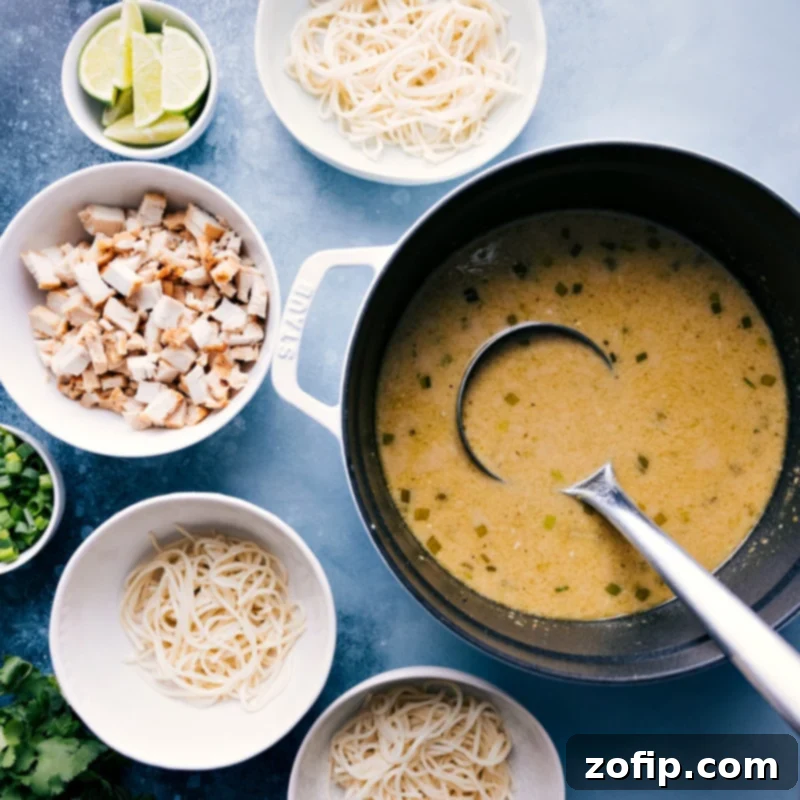 Ingredient shots of Green Curry Noodle Soup components, with bowls prepped and ready for the hot, aromatic soup.