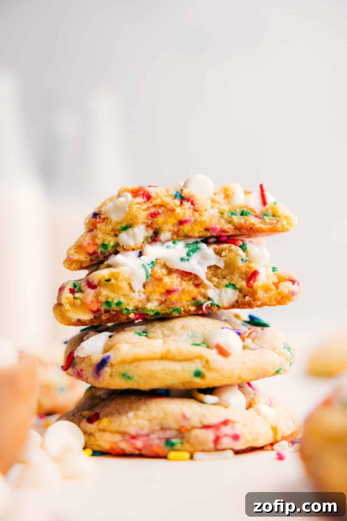 Stacked Cake Batter Cookies brimming with colorful sprinkles and white chocolate chips, ready to be enjoyed.