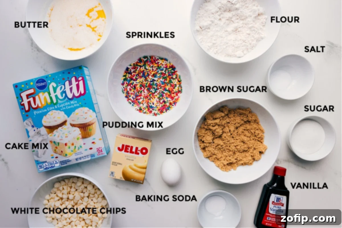 All the essential ingredients for crafting these delicious Cake Batter Cookies, meticulously prepped and ready for easy assembly. The spread includes softened butter, a box of cake mix, colorful sprinkles, instant pudding mix, all-purpose flour, a pinch of salt, both granulated sugar and brown sugar, aromatic vanilla extract, baking soda, and luscious white chocolate chips.