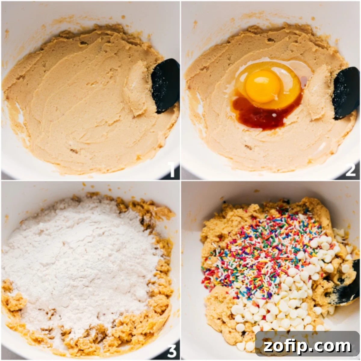 The cookie dough being mixed, showing the careful combination of wet and dry ingredients, followed by the gentle folding in of colorful sprinkles and chocolate chips for these festive cake batter cookies.