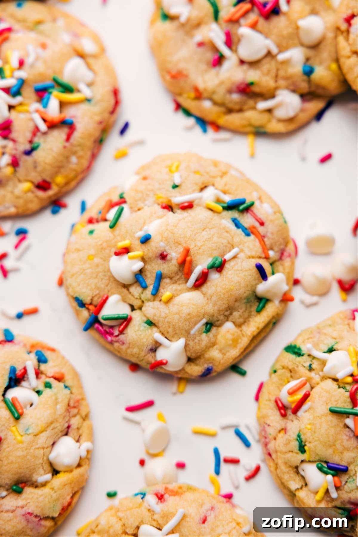 Freshly baked Cake Batter Cookies, adorned with an extra sprinkle of colorful jimmies, straight out of the oven, emphasizing their festive appeal.