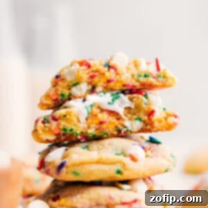 A delicious Cake Batter Cookie with sprinkles and white chocolate chips.