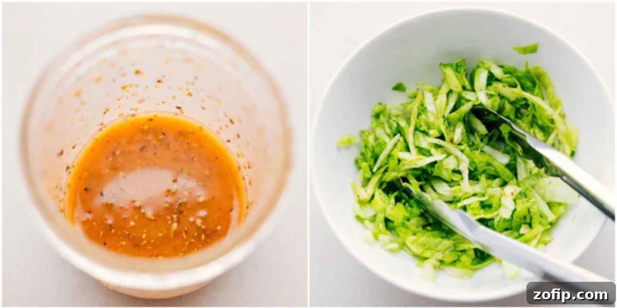 The zesty Italian hoagie dressing being mixed in a Mason jar and then poured over shredded lettuce.