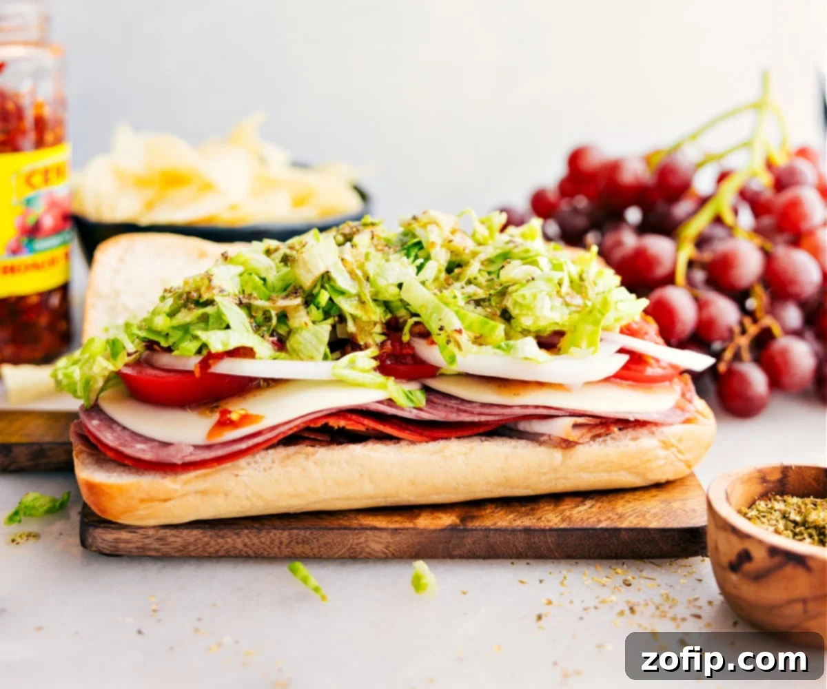 Various deli meats and fresh vegetables being meticulously layered onto a hoagie roll during sandwich assembly.