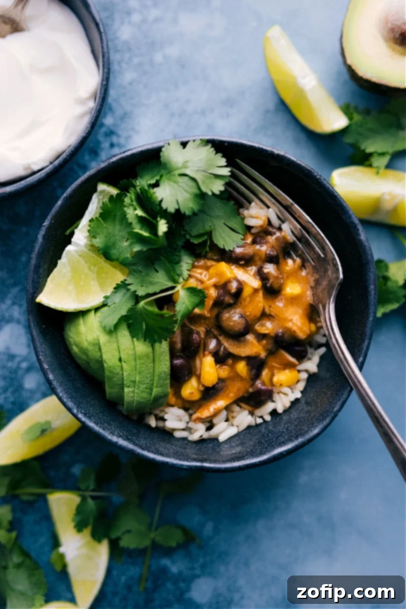Overhead image of a colorful bowl of Salsa Verde Chicken with fresh toppings like avocado and cilantro