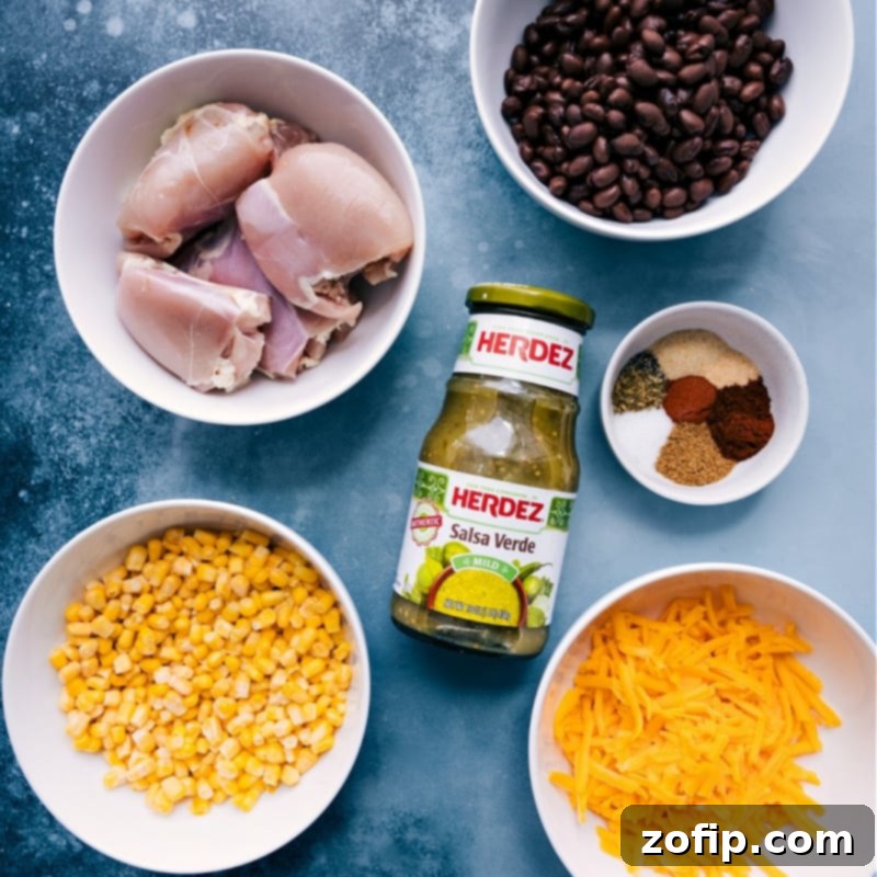 Various fresh ingredients laid out for making Salsa Verde Chicken, including chicken, salsa verde, black beans, corn, and spices