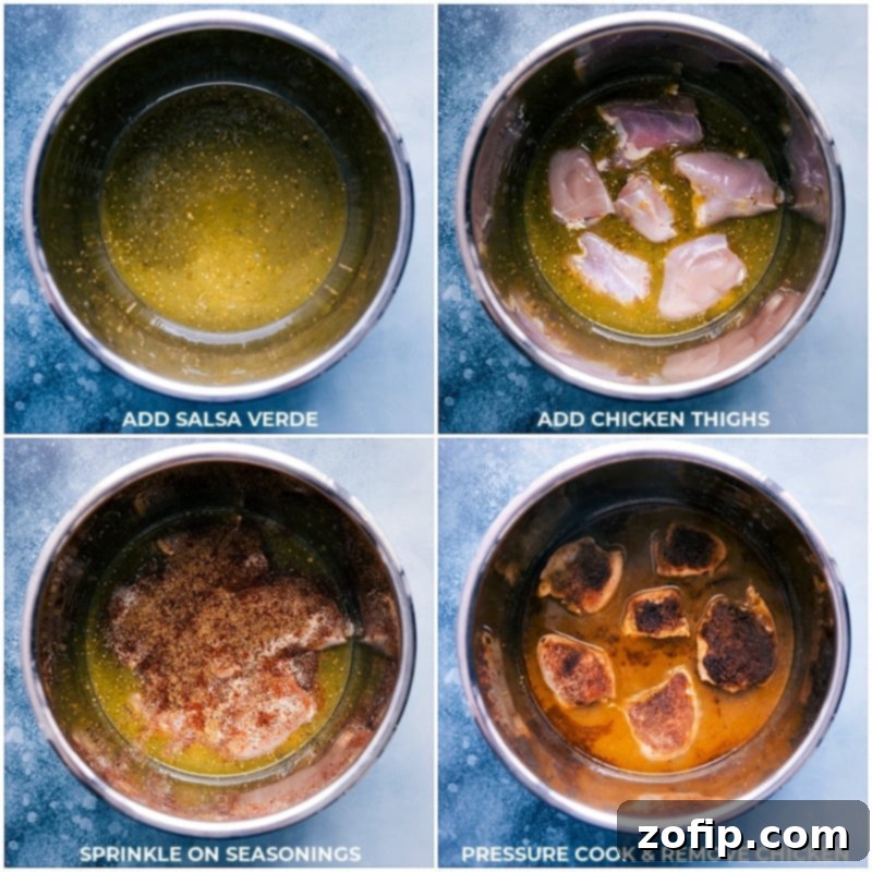 Sequential images showing the process of making Salsa Verde Chicken: adding ingredients to the Instant Pot, cooking, and shredding the chicken.