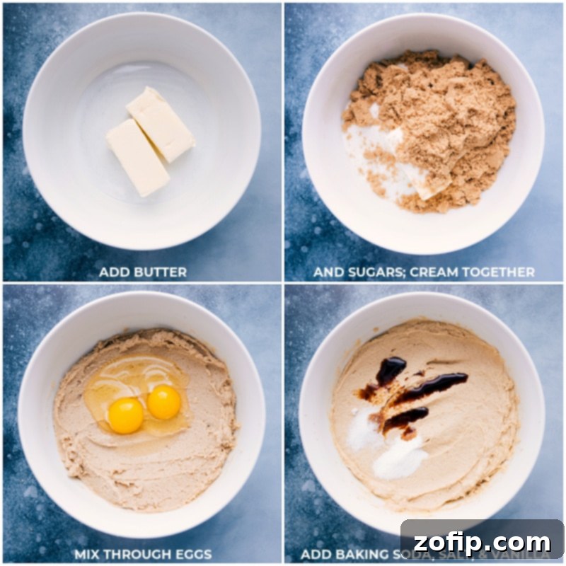 Process images showing softened butter, granulated sugar, brown sugar, eggs, and vanilla extract being creamed together in a stand mixer bowl.