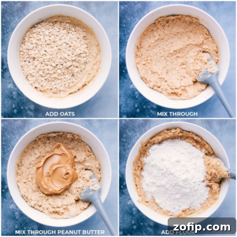 Process images of Lunch Lady Peanut Butter Bars showing old-fashioned oats, creamy peanut butter, and all-purpose flour being mixed into the cookie dough.