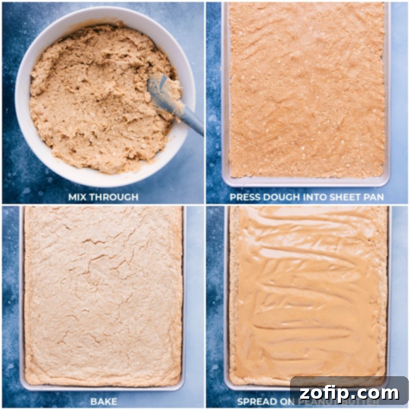 Process images showing the peanut butter oatmeal cookie dough being pressed evenly into the lined jelly roll pan, followed by a layer of warm, melted peanut butter being spread across the baked base.