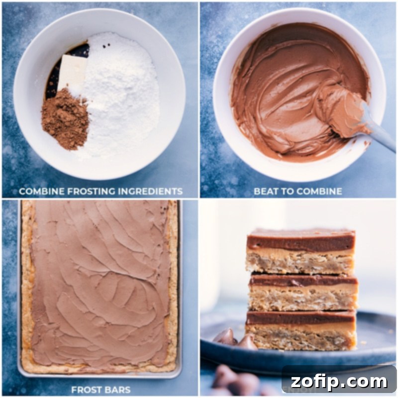 Process images showing the prepared chocolate fudge frosting being smoothly spread over the set peanut butter layer on the Lunch Lady Bars.