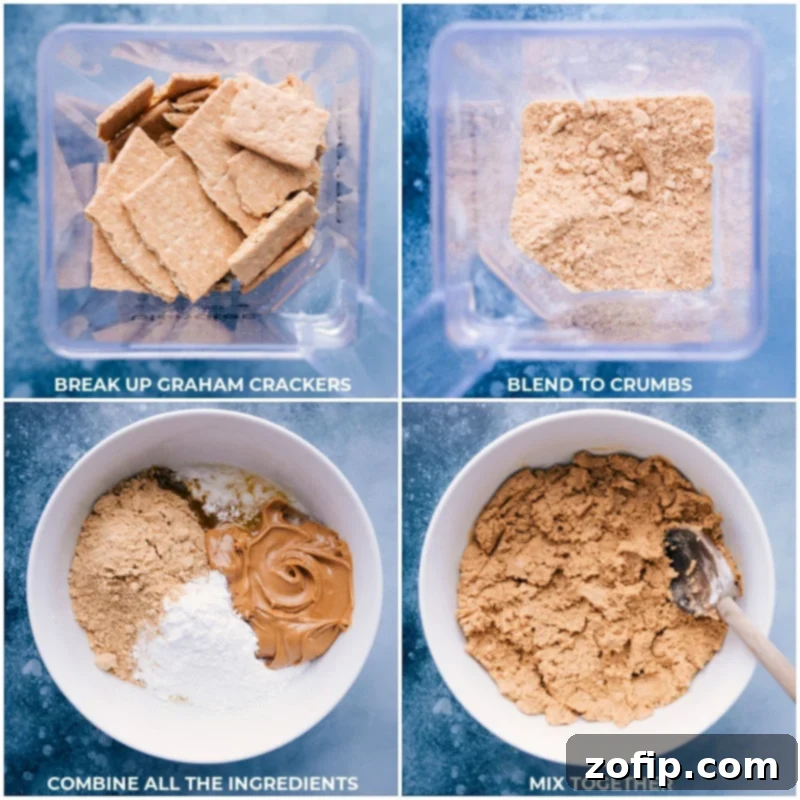 Process shots showing graham cracker base being made and mixed together for peanut butter bars