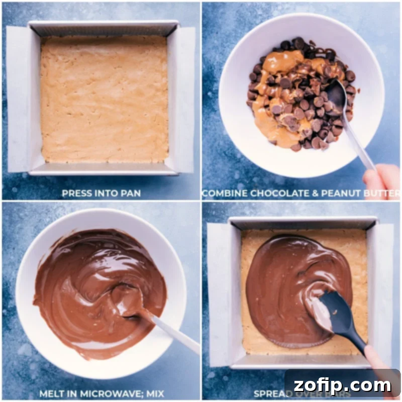 Process shots of making peanut butter bars, showing the chocolate-peanut butter layer being melted and poured over the graham cracker base