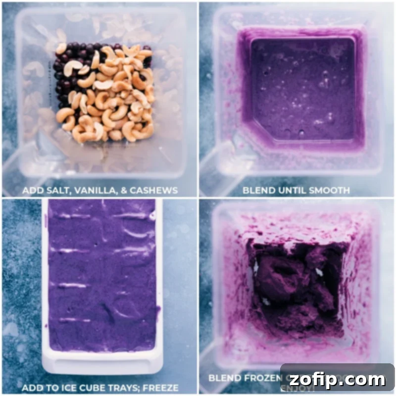 Sequential images demonstrating the process of making healthy blueberry ice cream: adding salt, vanilla, and cashews to a blender with blueberries and coconut milk, blending until smooth, and then freezing the mixture in ice cube trays.