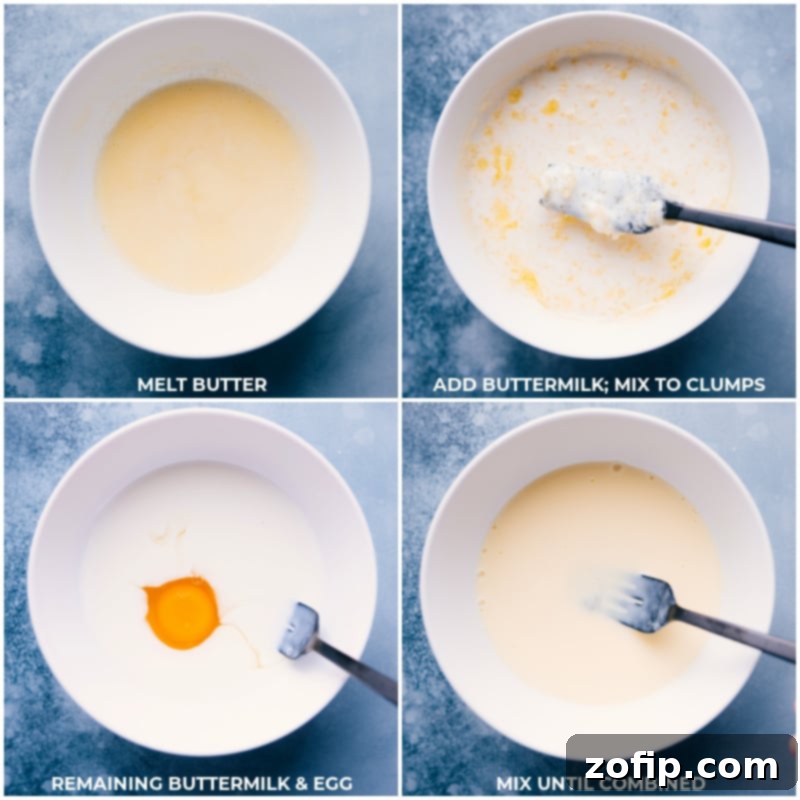 This simple No-Yeast Bread can be prepared in a matter of minutes and doesn't require any rising time! Recipe via ChelseasMessyApron #snack #quick #easy #simple #best #fresh #norise #noyeast #bread Process images showing melted butter and cold buttermilk being whisked together, followed by a separate image of buttermilk and an egg being combined, illustrating the key steps for butter clump formation.