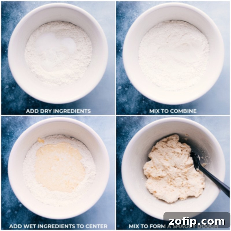 No-Yeast Bread can be prepared in a matter of minutes and doesn't require any rising time! Bake it up and enjoy a delicious slice of hot baked bread in under 90 minutes! Recipe via ChelseasMessyApron #snack #quick #easy #simple #best #fresh #norise #noyeast #bread Process images of No-Yeast Bread preparation, showing dry ingredients being mixed, followed by the two buttermilk mixtures (butter-buttermilk and egg-buttermilk) being added to the dry ingredients and then combined to form the dough.