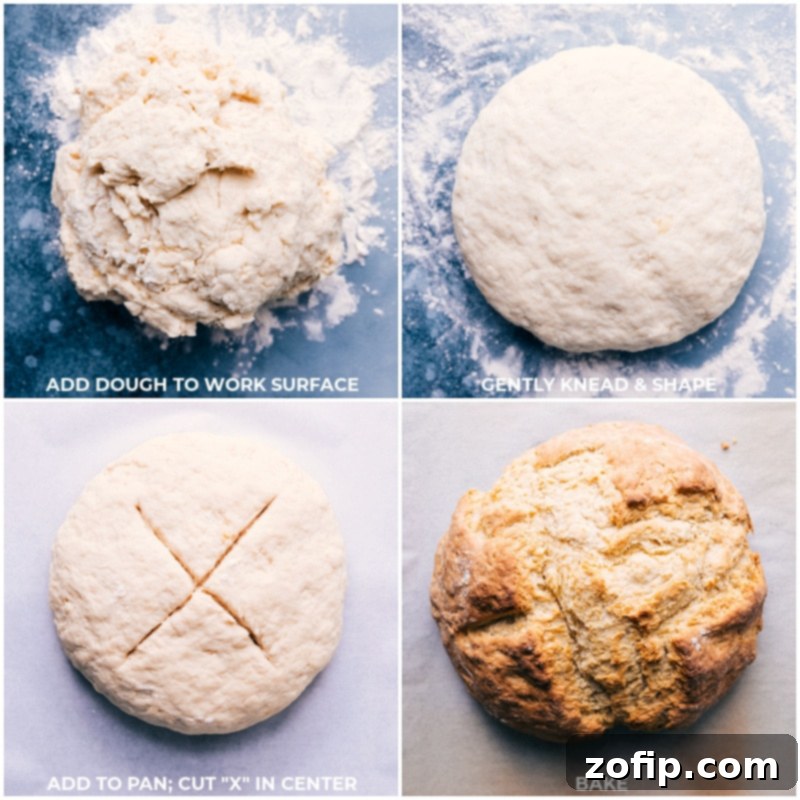 This simple No-Yeast Bread can be prepared in a matter of minutes and doesn't require any rising time! Bake it up and enjoy a delicious slice of hot baked bread! Recipe via ChelseasMessyApron #snack #quick #easy #simple #best #fresh #norise #noyeast #bread Process images of No-Yeast Bread preparation, showing the dough being gently kneaded into a round ball, an X being cut into its surface, and the finished loaf baking to a golden perfection in the oven.