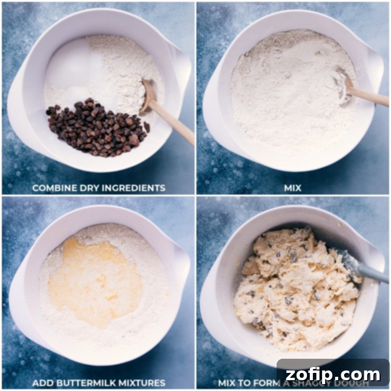 Process shots of baking Irish Soda Bread, showing the wet and dry ingredients being combined in a large bowl, and the dough just mixed.