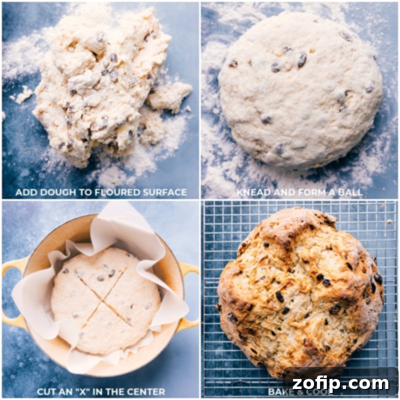 Process shots of Irish Soda Bread, showing the dough being shaped into a smooth ball, the loaf baked with a perfect crust, and resting on a cooling rack.
