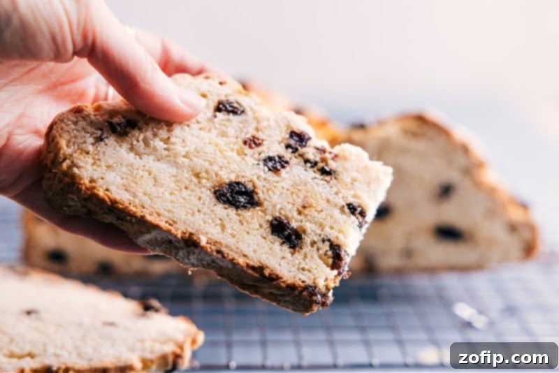 A perfectly sliced piece of Irish Soda Bread, ready to be picked up and enjoyed, showcasing its beautiful crumb texture.