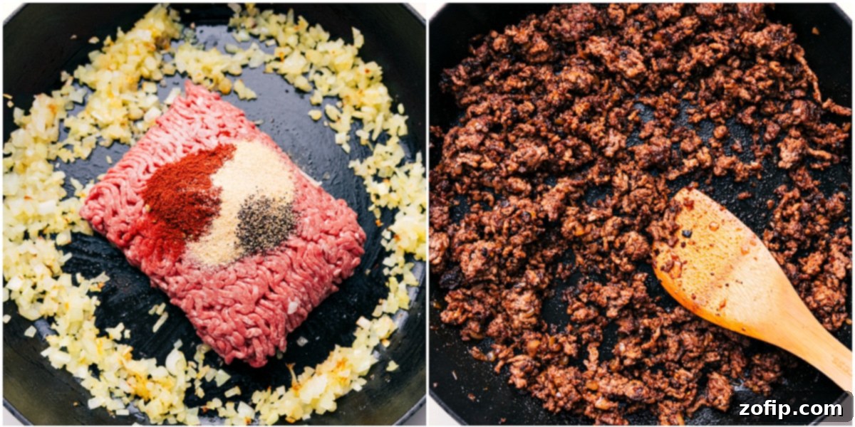 How To Make The Best Burger Bowls Close-up shot of ground beef browning in a hot cast-iron skillet, mixed with onions and seasonings, ensuring a deep, rich flavor development.