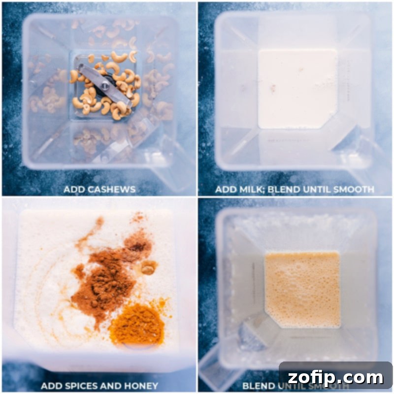 Process shots: images of cashews, milk, spices, and honey being added to a blender for Golden Milk preparation