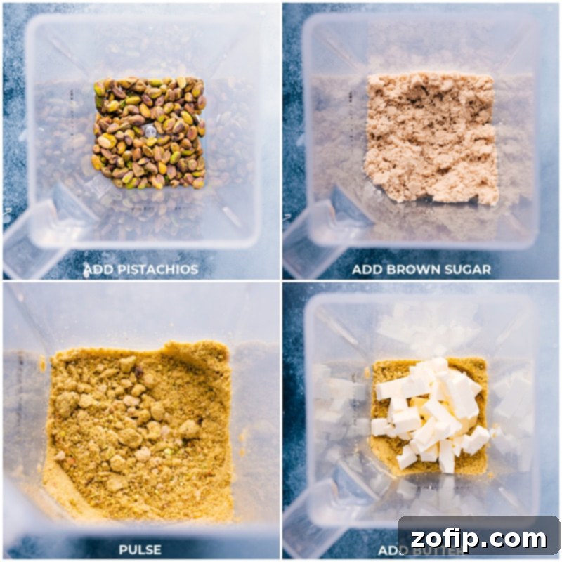 Step-by-step images showing shelled pistachios, brown sugar, and cubed butter being added to a blender and pulsed together to form a crumbly mixture for the pistachio cake batter.