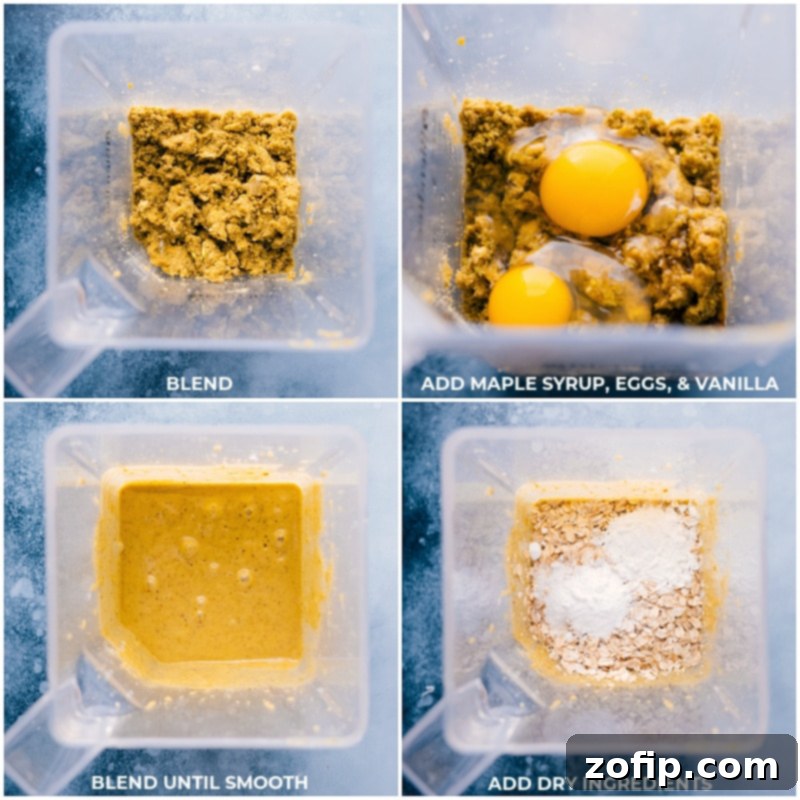 Step-by-step images of maple syrup, eggs, vanilla extract, and dry ingredients being incorporated into the pistachio cake batter and blended until smooth and creamy.