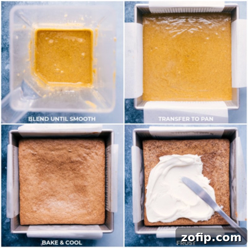 Process images showing the smooth pistachio cake batter being poured into a baking pan, the cake baking to a golden finish, and finally being frosted with a thick layer of cream cheese.