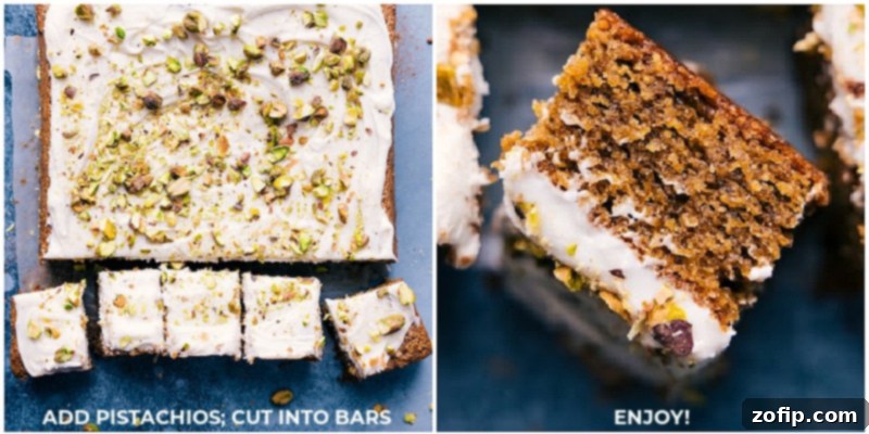 Image of a beautifully frosted Pistachio Cake, cut into neat bars and garnished with chopped pistachios, ready for serving.