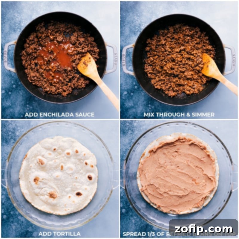 This delicious Tortilla Pie layers tortillas with creamy refried beans, taco-seasoned beef, saucy salsa, and plenty of melty cheese. Layer this pie like a lasagna, bake it, and add all your favorite taco toppings! Recipe via ChelseasMessyApron #dinner #quick #easy #simple #best #familyfriendly #kidfriendly #tortilla #pie Process images showing the layering of Tortilla Pie: a tortilla laid in a pie dish, followed by a layer of refried beans, and then a layer of seasoned ground beef.