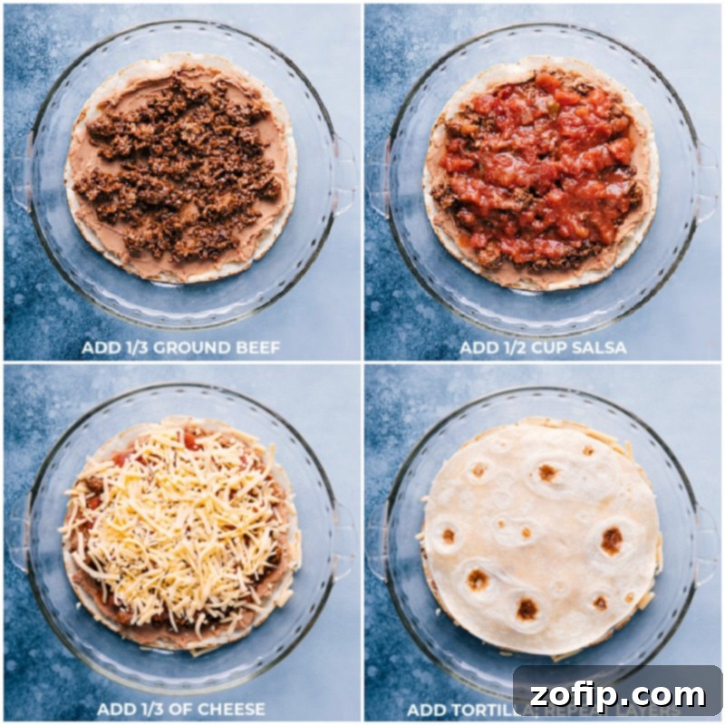 Layer this pie like a lasagna, bake it, and add all your favorite taco toppings! Recipe via ChelseasMessyApron #dinner #quick #easy #simple #best #familyfriendly #kidfriendly #tortilla #pie Process images showing the final layering steps of Tortilla Pie: salsa and cheese are added to the layers, and then the layers are repeated to build the pie.