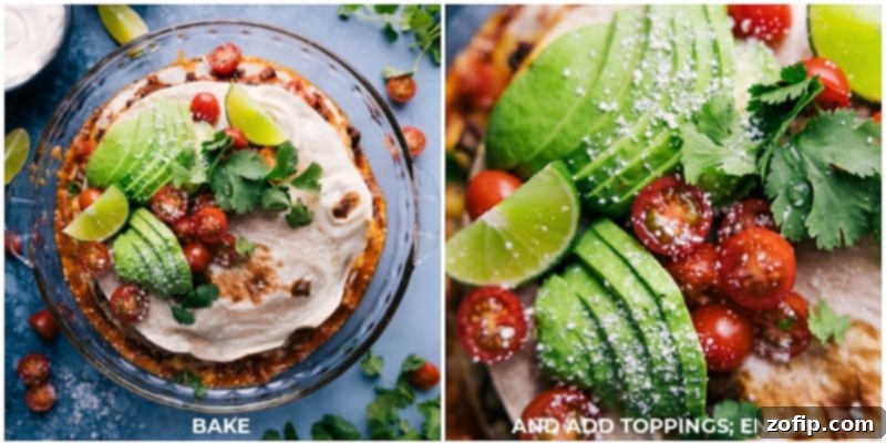 Tortilla Pie layers tortillas with creamy refried beans, taco-seasoned beef, saucy salsa, and plenty of melty cheese. Recipe via ChelseasMessyApron #dinner #quick #easy #simple #best #familyfriendly #kidfriendly #tortilla #pie A freshly baked Tortilla Pie, straight from the oven, adorned with an array of optional toppings like sour cream, cilantro, and tomatoes, ready to be served.